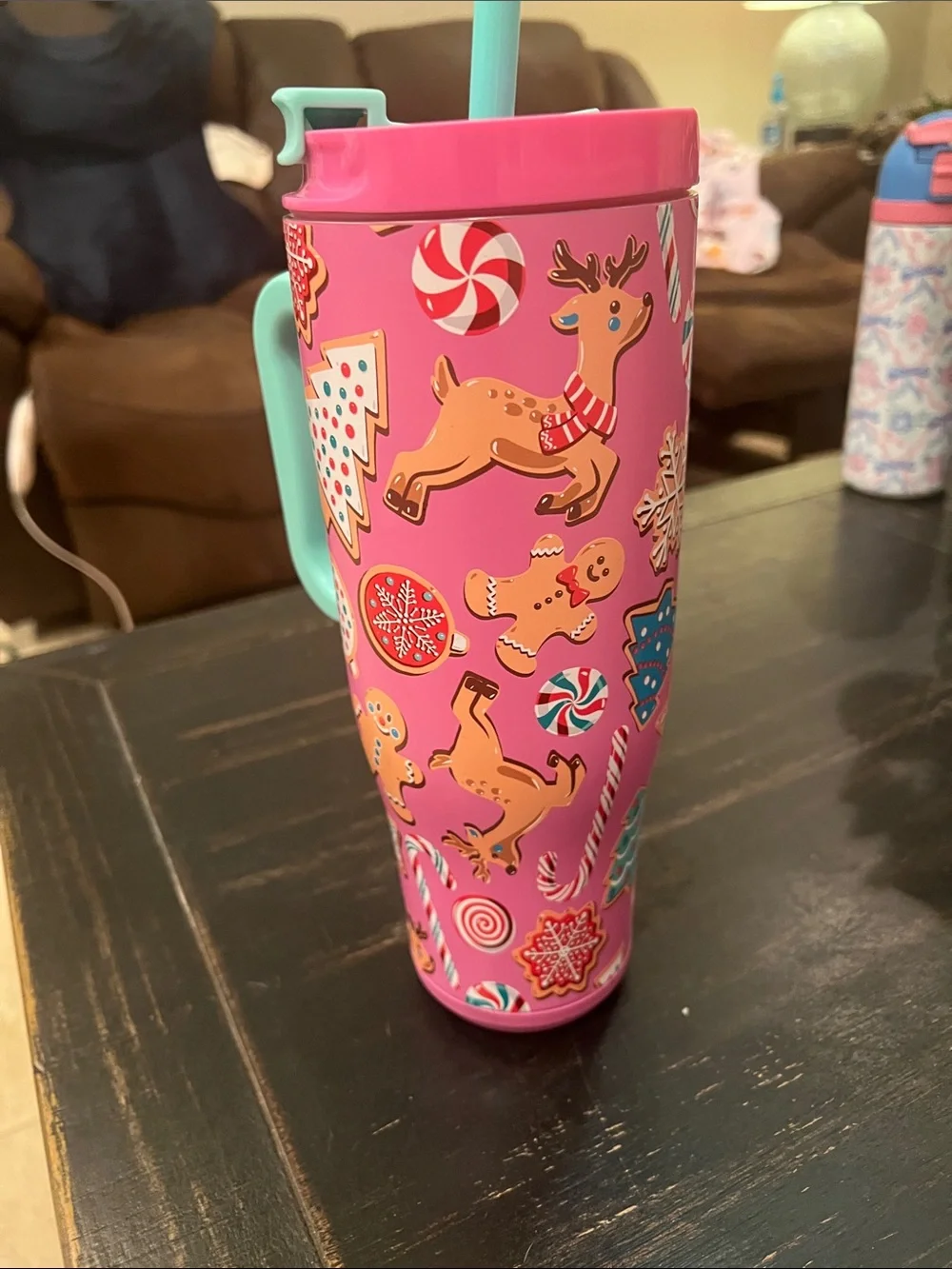 Simply Belle Pink Holiday Kids Tumbler with Mint Handle